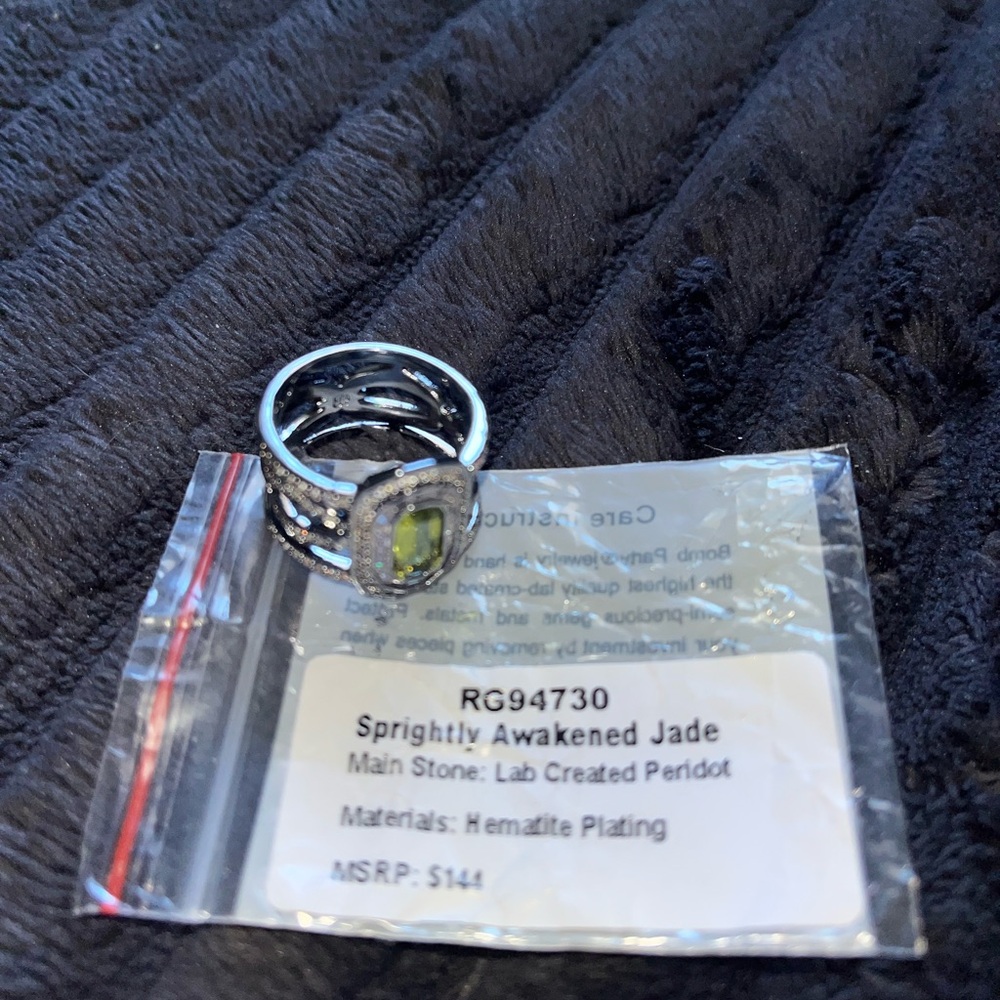 Bomb Party-Hematite Plated Ring with Lab Created Peridot